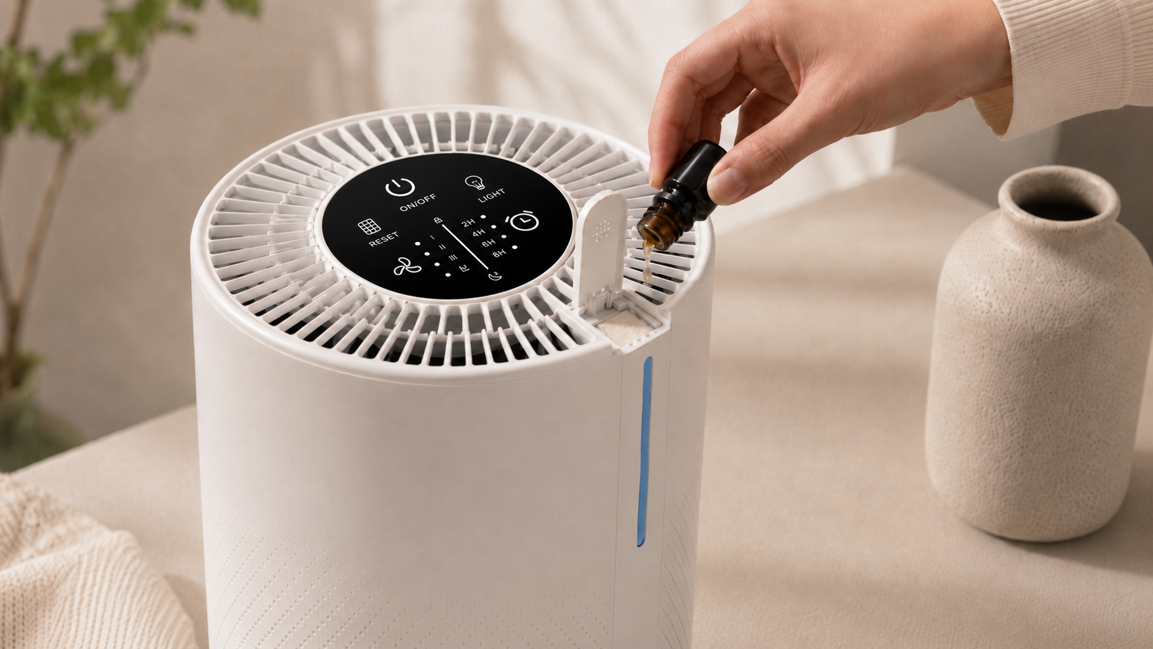 Adding essential oil to the aroma pad on a MOOKA HEPA air purifier—never on the filter