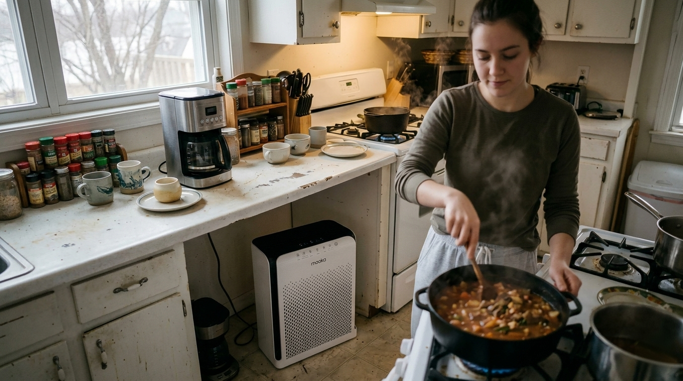 Woman cooking at a home kitchen stove with a white MOOKA air purifier on the floor nearby.