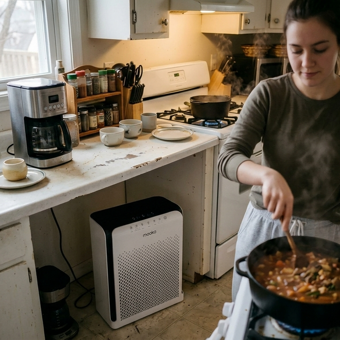 Woman cooking at a home kitchen stove with a white MOOKA air purifier on the floor nearby.