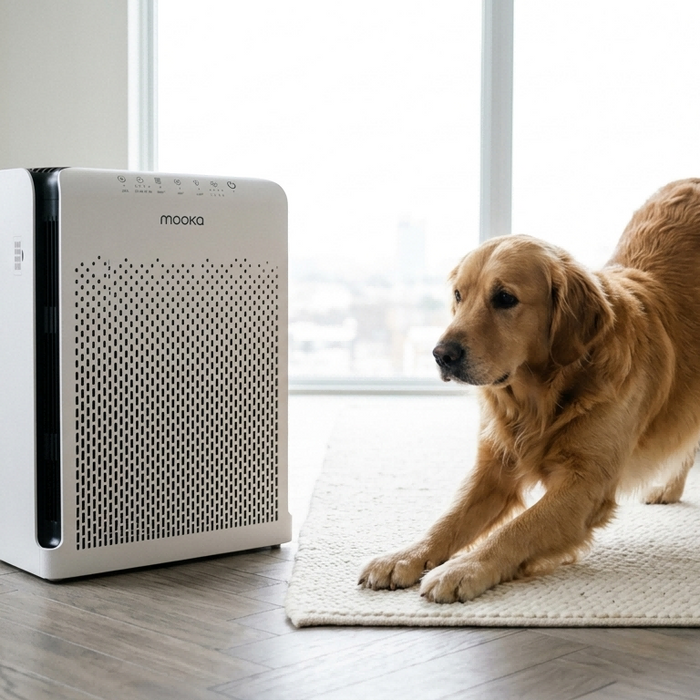 Golden retriever beside a MOOKA air purifier in a living room to help reduce pet dander and improve indoor air quality