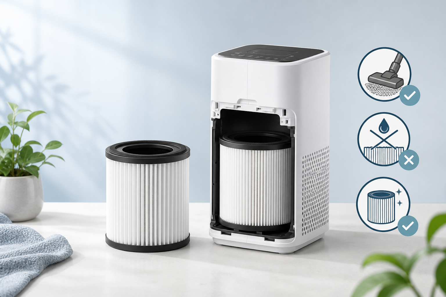 Cylindrical MOOKA HEPA replacement filter with black end caps beside an open air purifier—vacuum pre-filter, do not wash HEPA, replace on schedule
