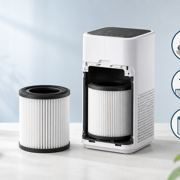 Cylindrical MOOKA HEPA replacement filter with black end caps beside an open air purifier—vacuum pre-filter, do not wash HEPA, replace on schedule
