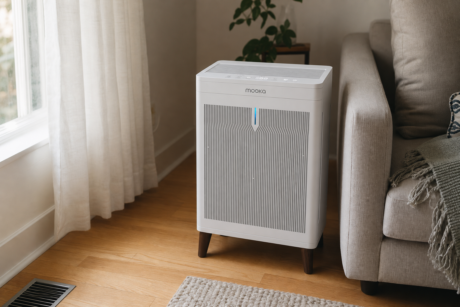 MOOKA HKB320F air purifier running in a sunlit living room—indoor air quality at home