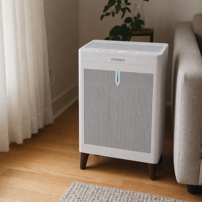 MOOKA HKB320F air purifier running in a sunlit living room—indoor air quality at home