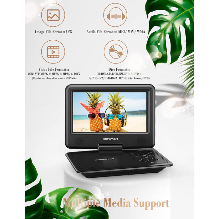 12" Portable DVD Player 5-Hour Built-in Rechargeable Battery, 9" Swivel Screen, Support CD/DVD/SD Card/USB, Remote Control, 1.8 Meter Car Charger, Power Adaptor and Car Headrest (Black)