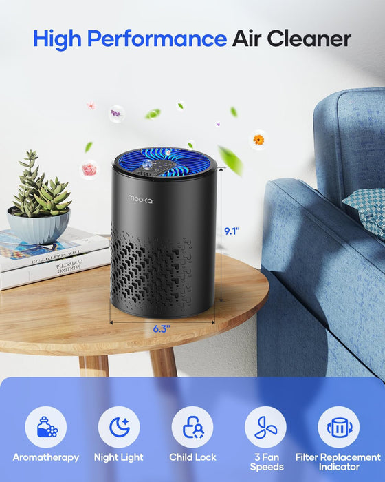 Air Purifiers for Bedroom Home, MOOKA HEPA Air Purifier for Home Pets with Fragrance Sponge for Smoke Dust Pollen Dander Odor, Small Air Cleaner with Sleep Mode Night Light Timer, KJ067L