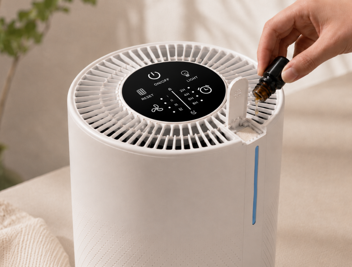 Air purifier with aroma pad (use oil on the pad, not on the filter)