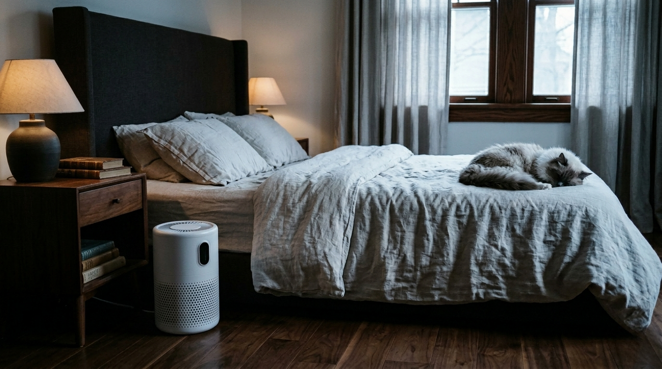 Quiet air purifier in a bedroom for cleaner air while sleeping