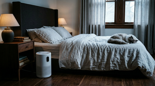 Quiet air purifier in a bedroom for cleaner air while sleeping