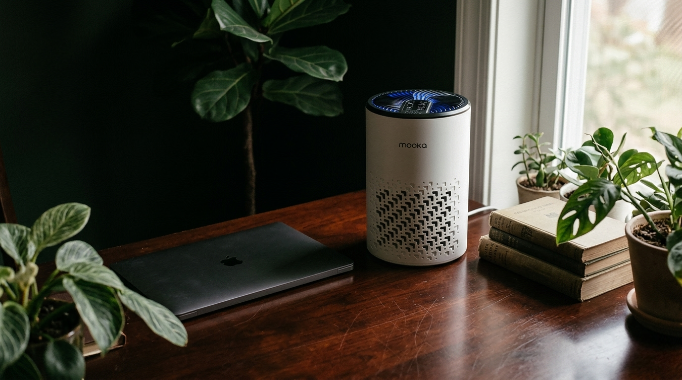 Compact air purifier on a home office desk with plants and a laptop