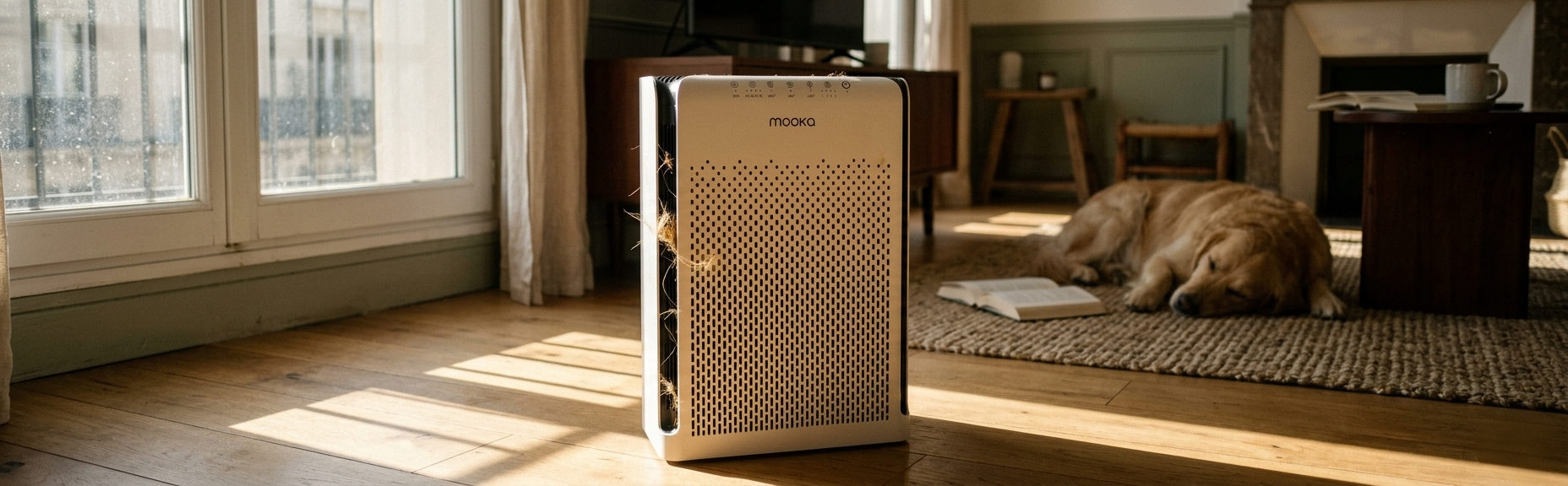 Air purifier in a sunlit home with a dog resting in the background