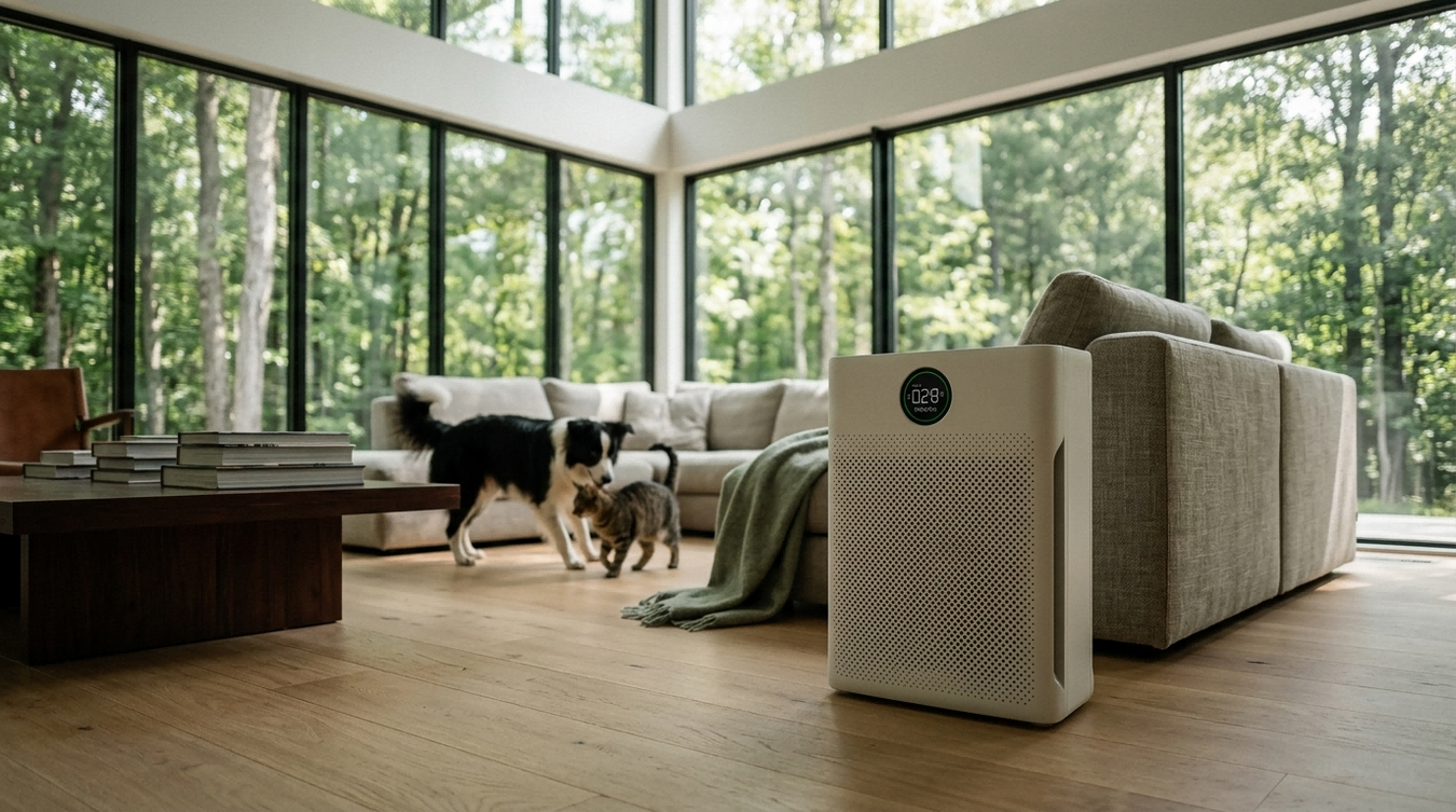 Air purifier in a modern living room with a dog and cat nearby
