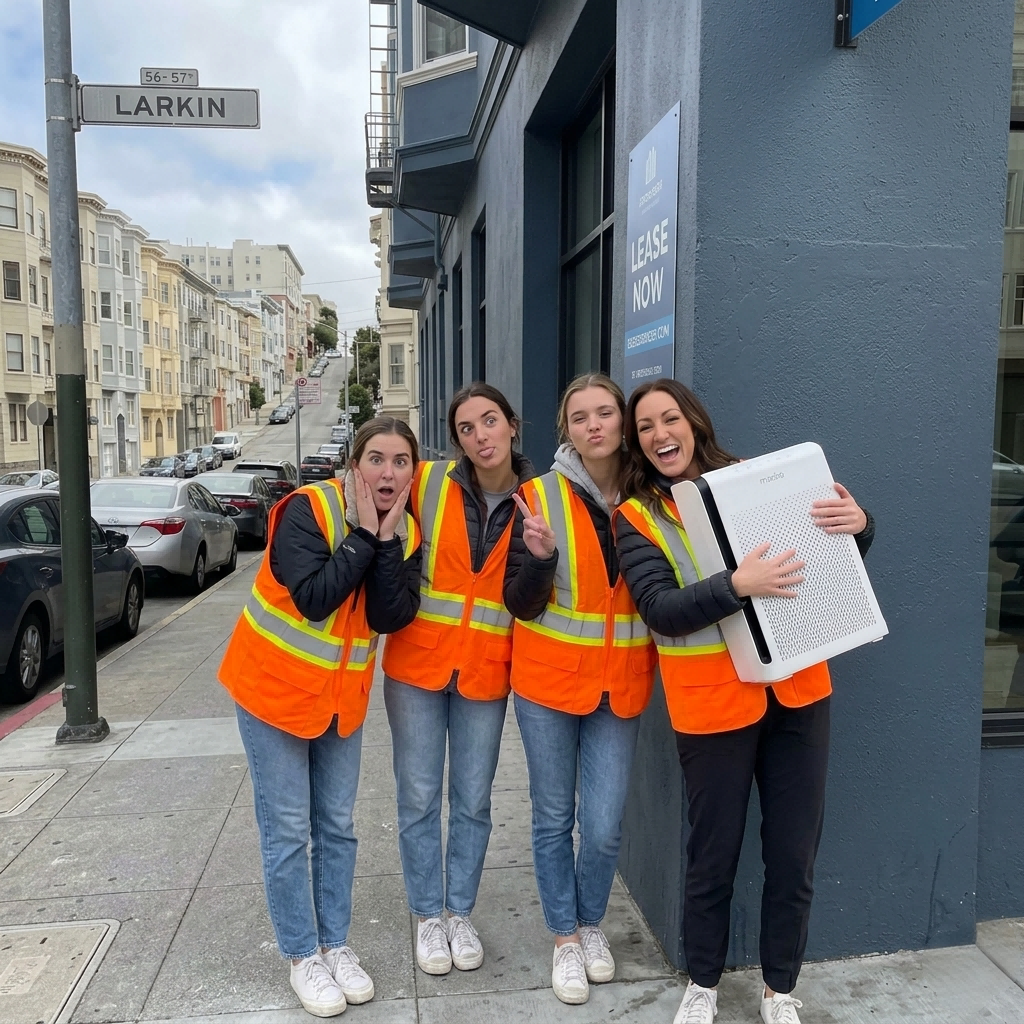 community outreach team holding an air purifier during a neighborhood visit