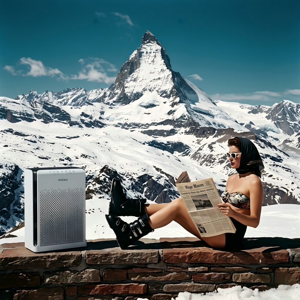 MOOKA air purifier near a woman in a mountain setting representing clean air at home